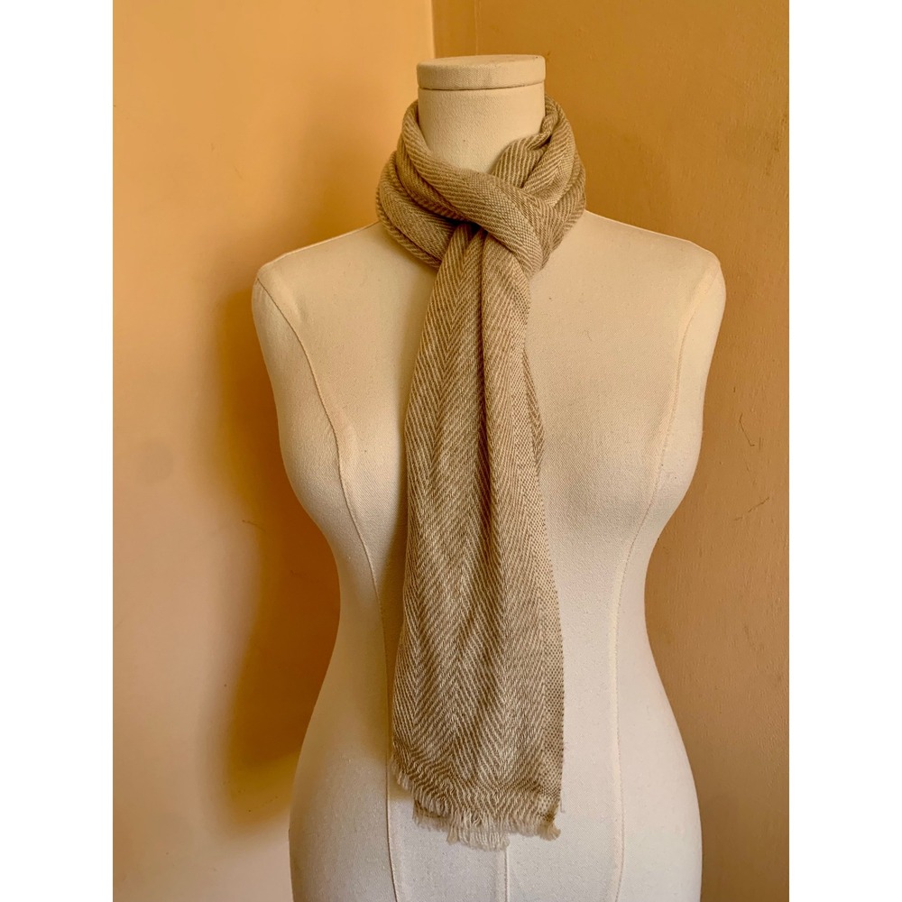 100% Exclusive Cashmere Scarf Hand Made in Nepal Beige Herringbone